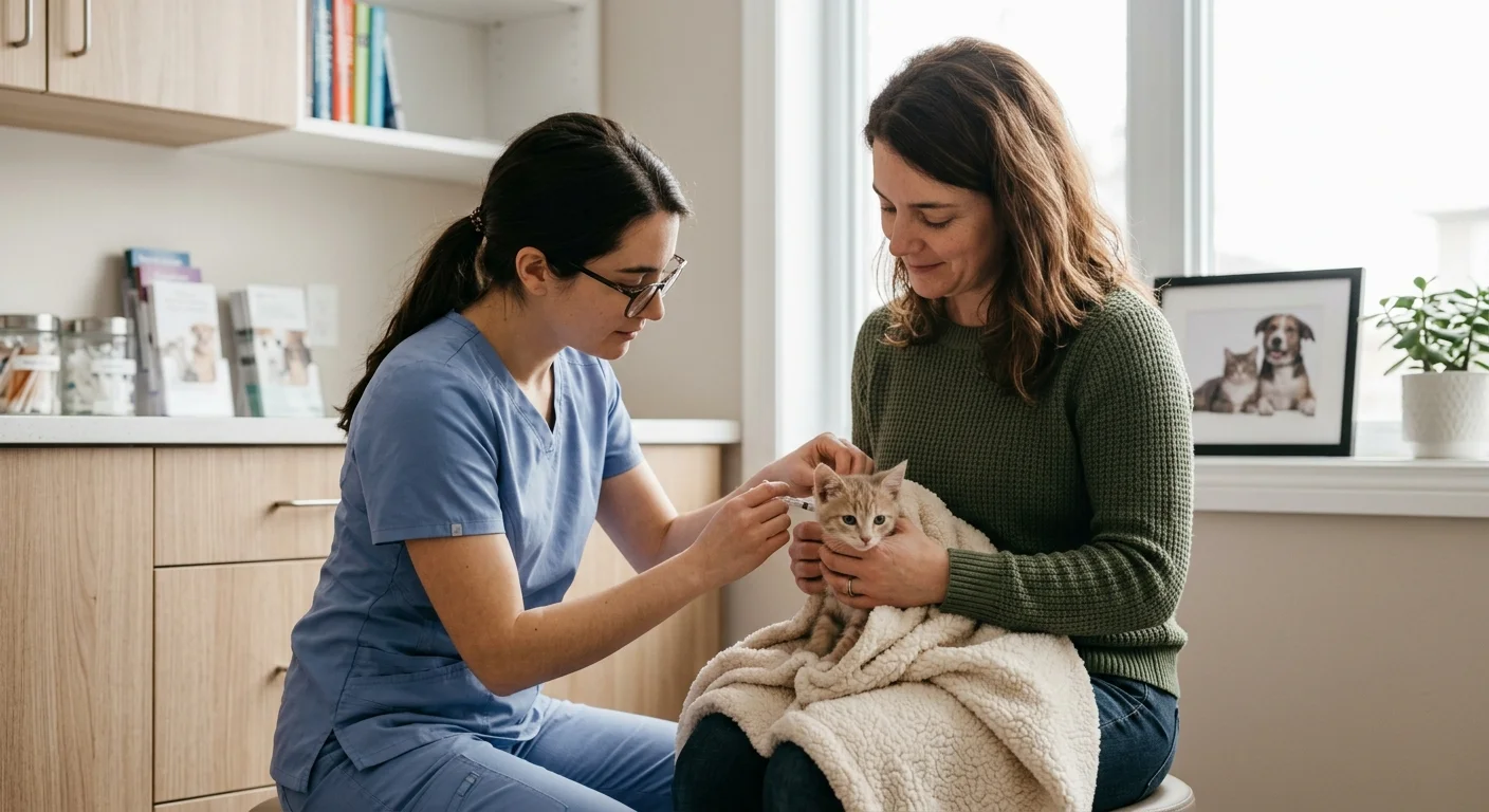 Un veterinar vaccinează un pisoi în timp ce stăpânul îl ține cu grijă.