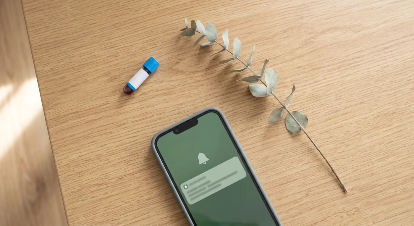 Vedere de sus a unui smartphone cu un memento de vaccin, un flacon mic pentru analiză de sânge, și o crenguță de eucalipt pe o masă de lemn.