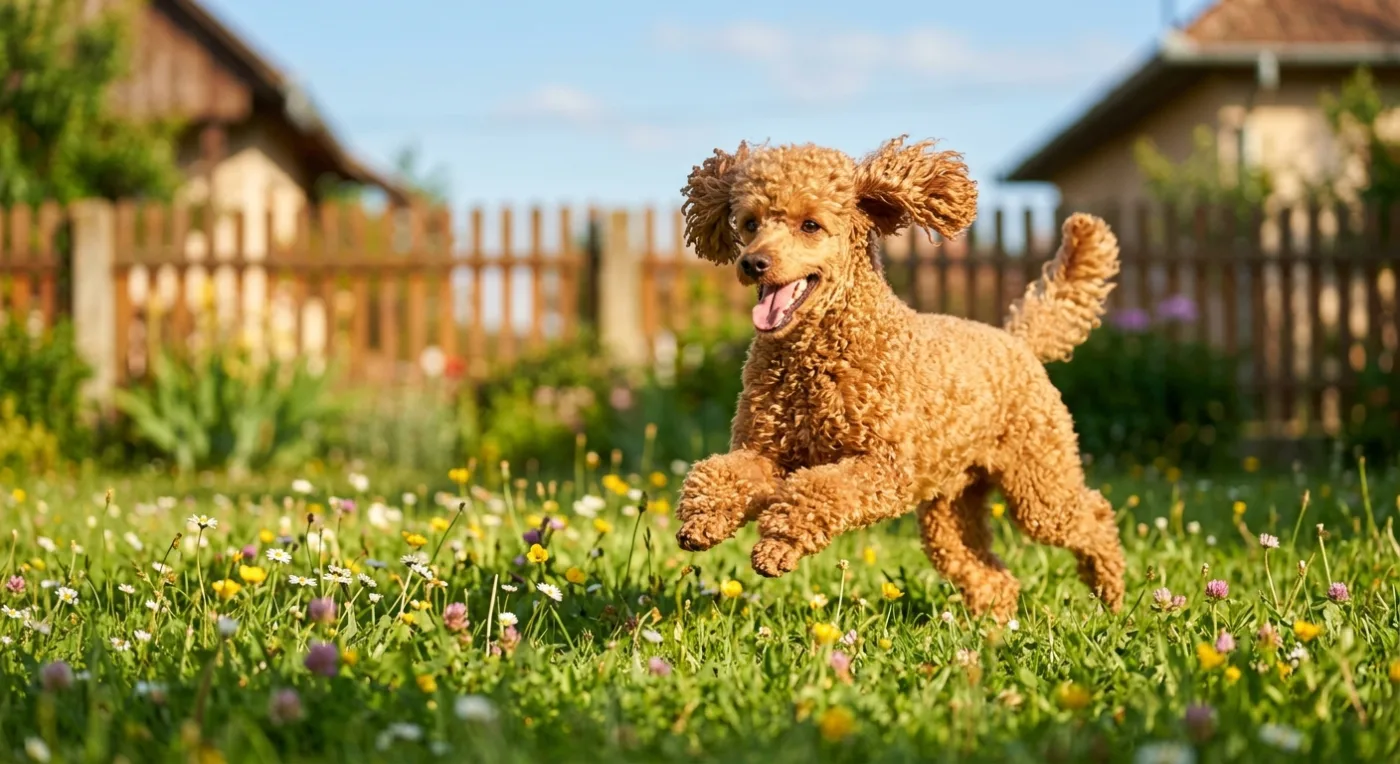 Un chien heureux courant dans un jardin ensoleillé, débordant d’énergie et en pleine forme.