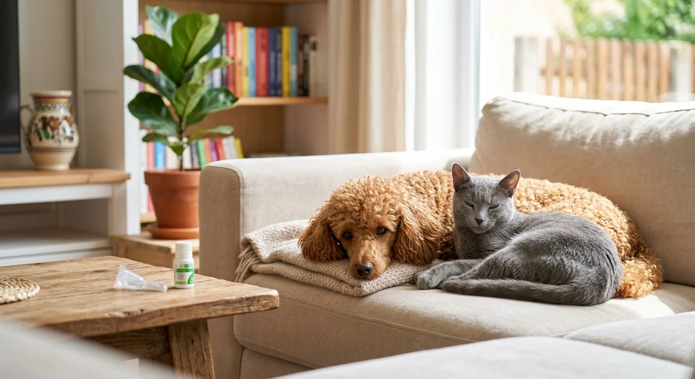 Un chien et un chat qui se reposent ensemble, avec un flacon de prévention antiparasitaire mensuelle à proximité.