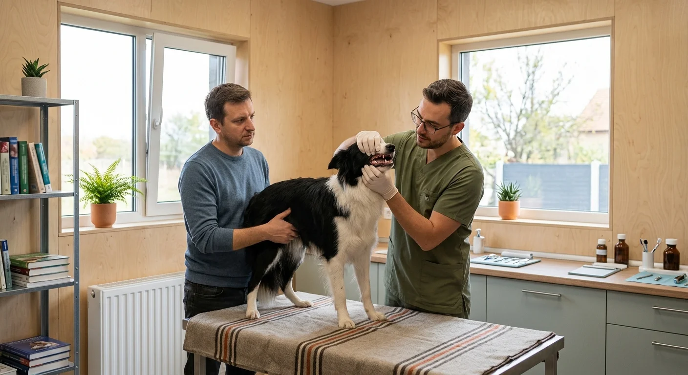 Un veterinar verifică dinții și gingiile unui câine în timpul unui control de rutină, cu stăpânul de față.