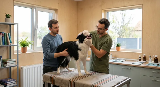 A veterinarian checking a dog’s teeth and gums during a routine exam, with the owner present.