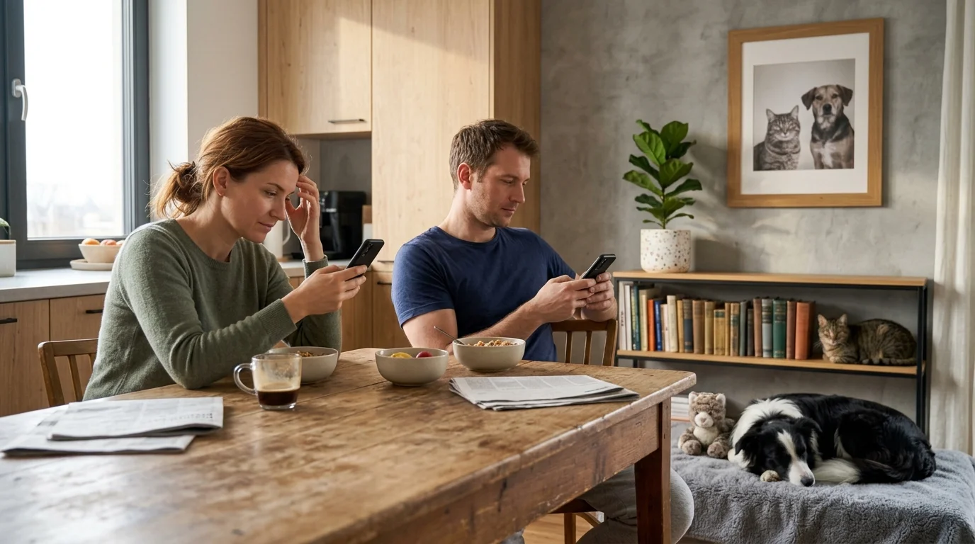 Deux personnes à une table de cuisine, chacune regardant son téléphone, écrans tournés à l’opposé de la caméra, un animal détendu à proximité.