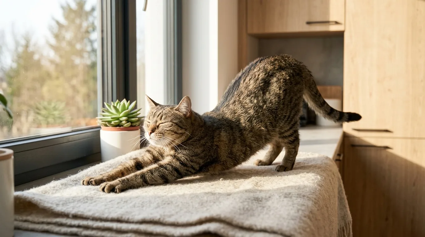 Un chat heureux qui s’étire sur le rebord d’une fenêtre ensoleillée.